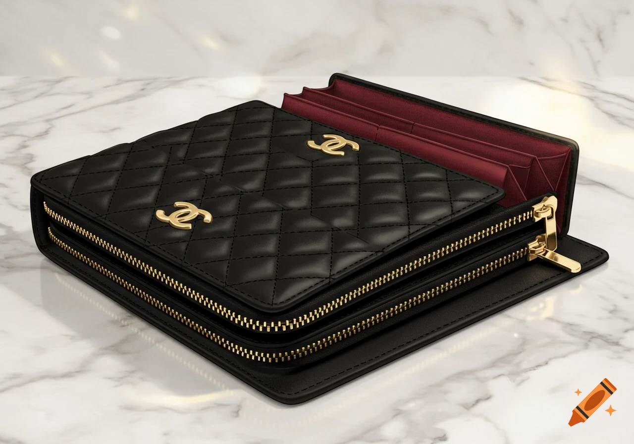 Close-up of a black quilted leather wallet or binder with gold zippers and interlocking C logos on a white marble surface.