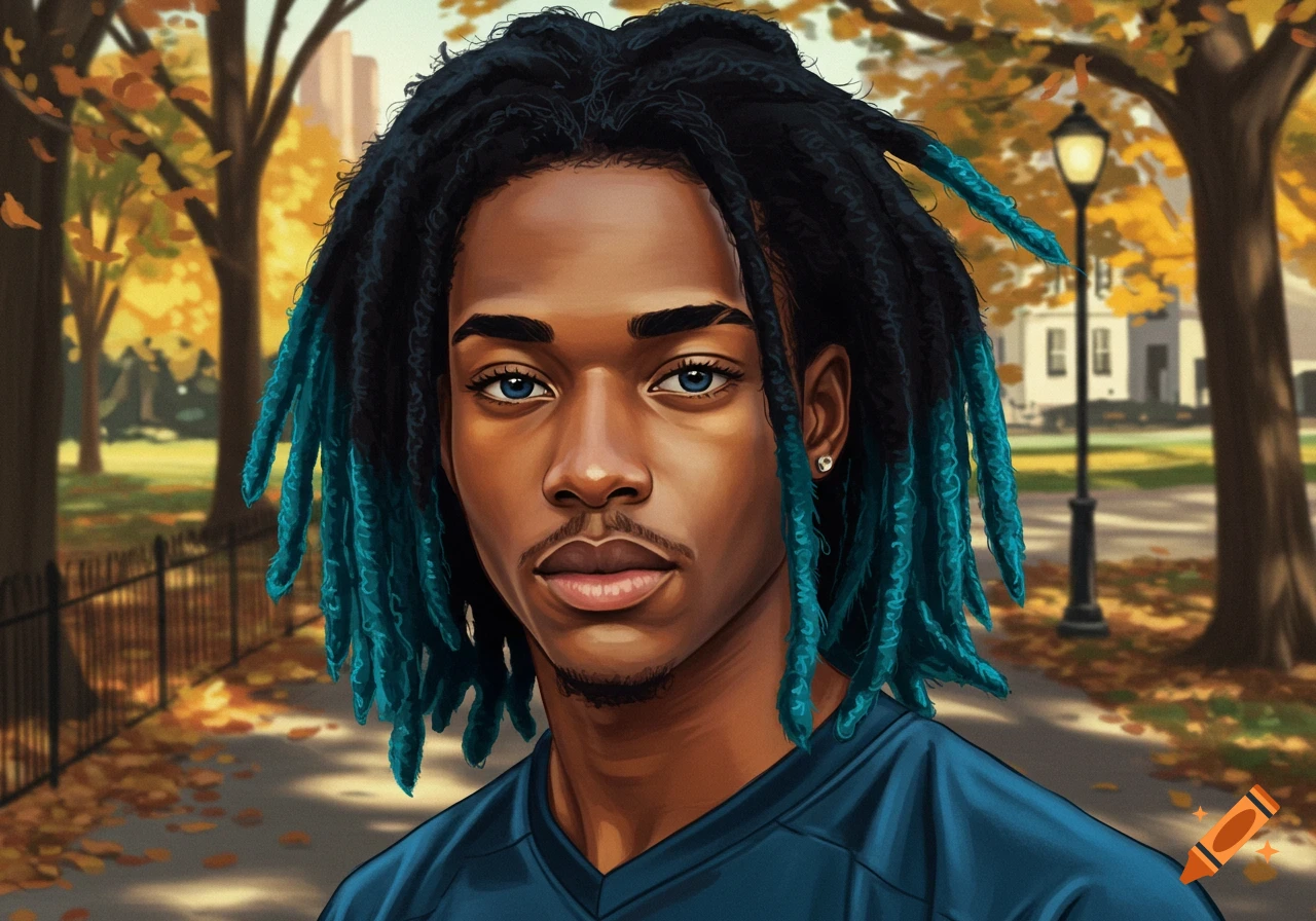 Digital art portrait of a young Black man with black and blue dreadlocks and blue eyes in an autumn park.