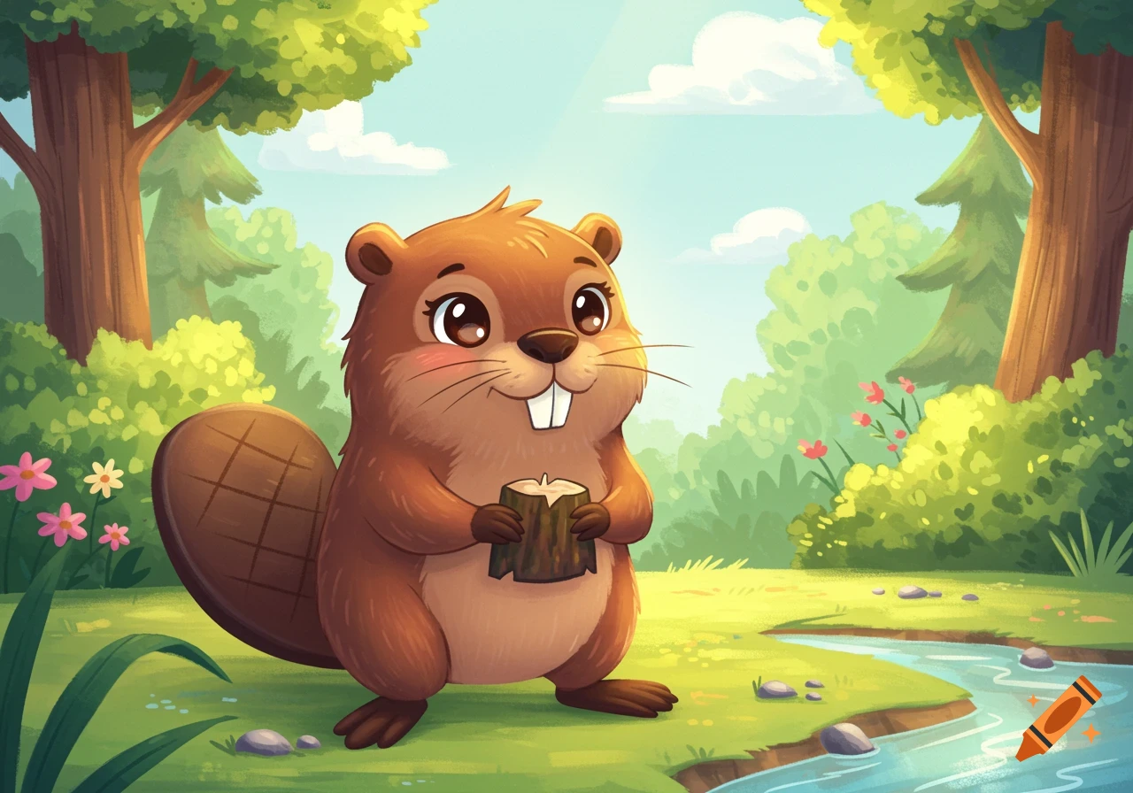 A cute cartoon beaver with large eyes holding a log, standing by a stream in a lush green forest.