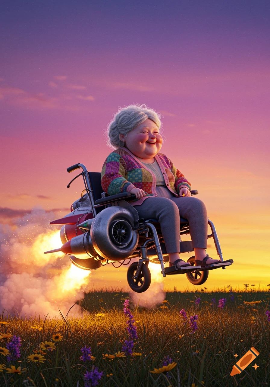 A joyful elderly woman with white hair flies a rocket-powered wheelchair over a flower field at sunset in a cartoon style.