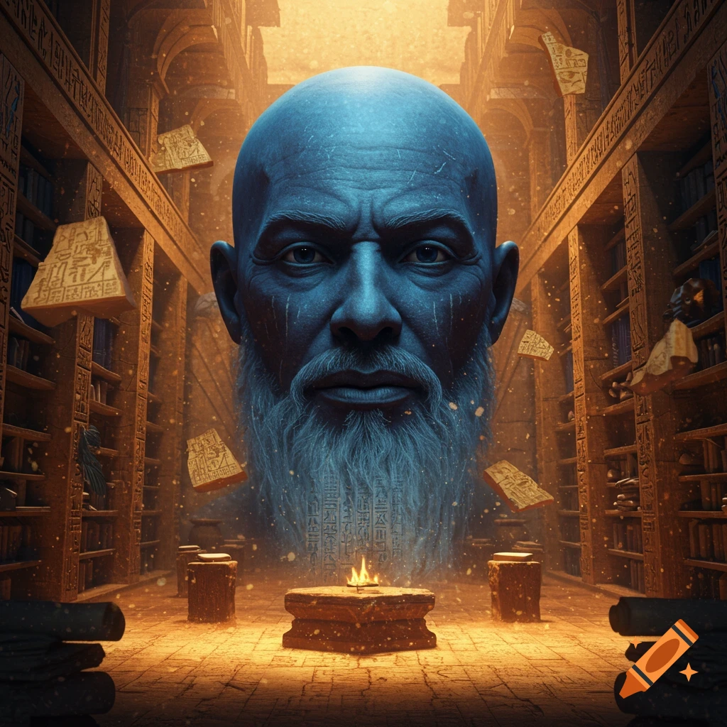 A giant blue-skinned, white-bearded man's head floats in a mystical ancient Egyptian library with glowing hieroglyphs and a central altar with fire.