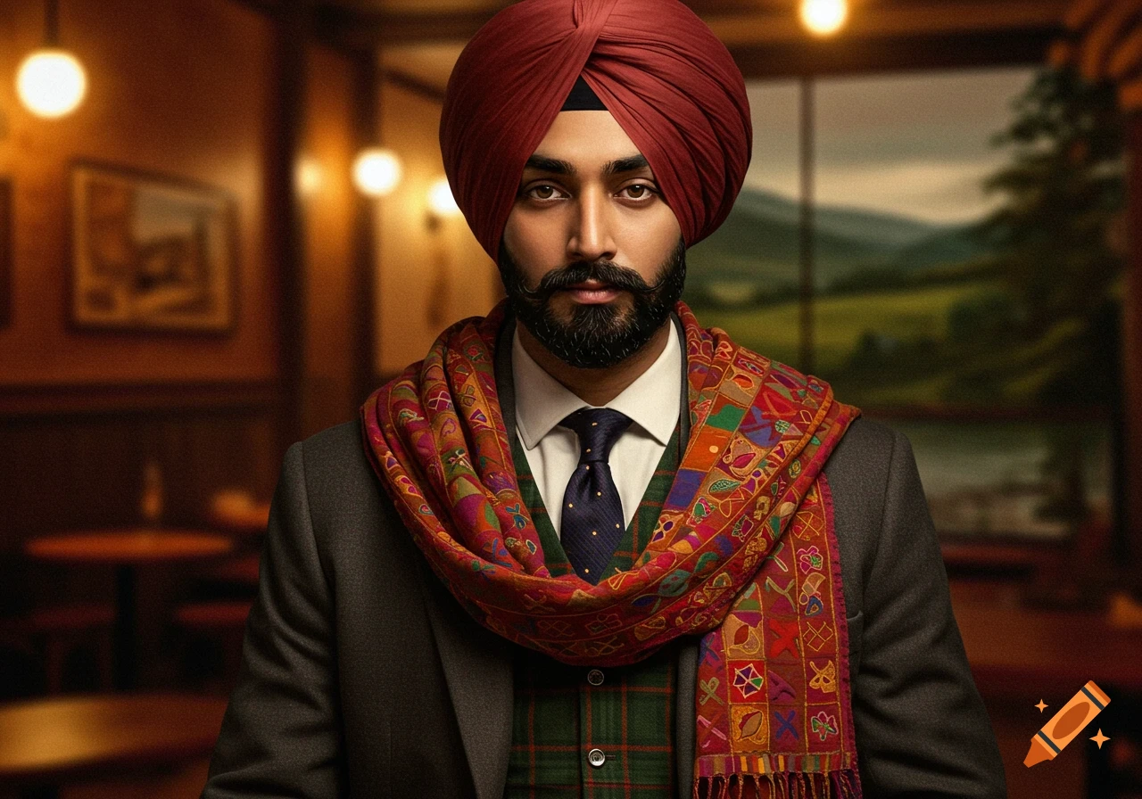 A man with a red turban, black beard, and mustache, wearing a colorful patterned scarf over a suit and tie, looking at the viewer.