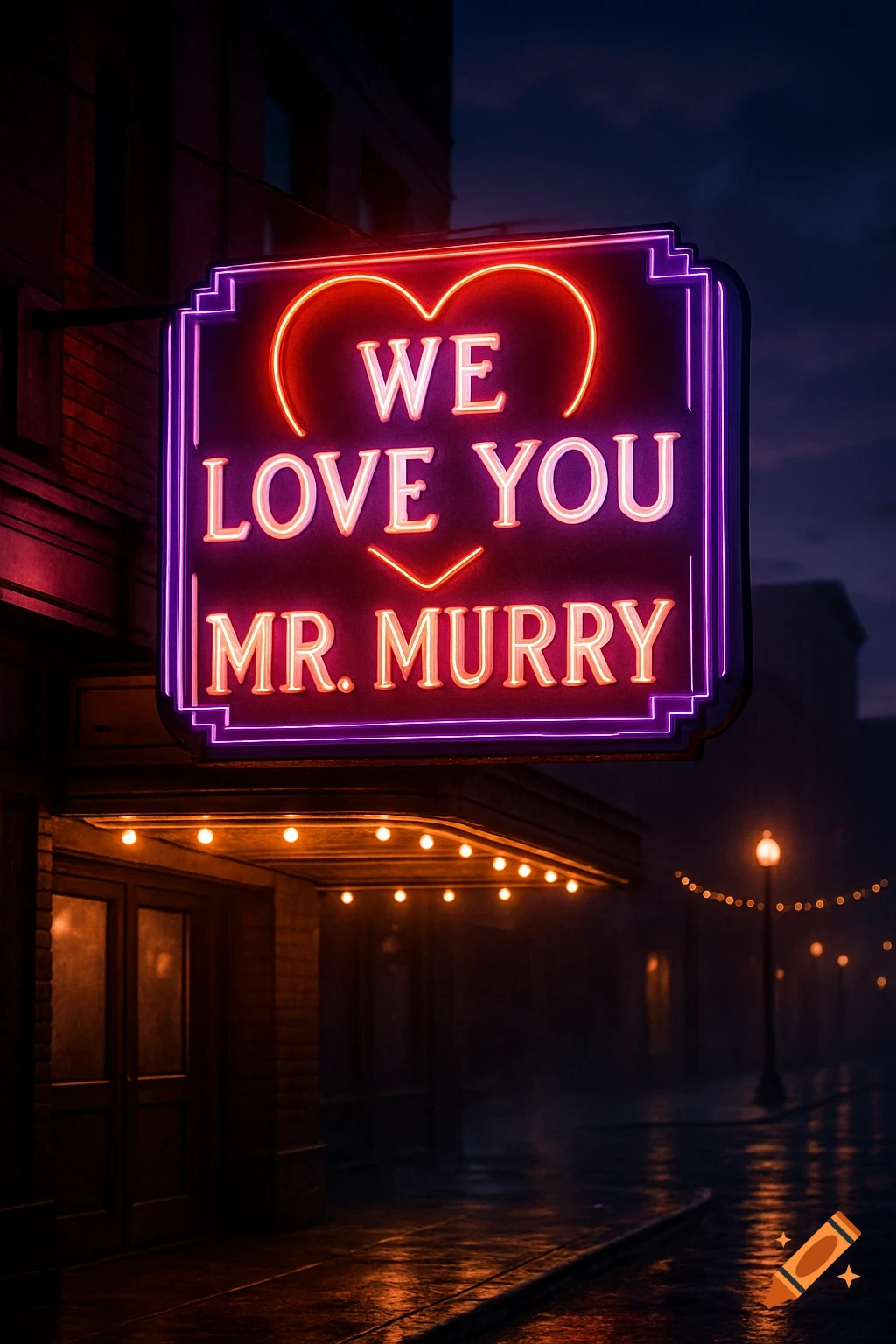 A vibrant neon sign glows pink and purple above a theater entrance at night, reading "WE LOVE YOU MR. MURRY". The street below is wet, reflecting the lights.