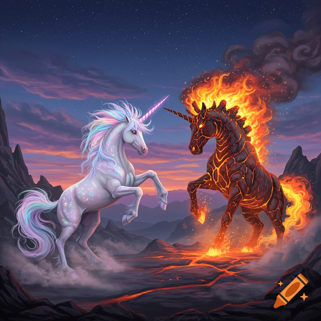 A sparkling white unicorn with a rainbow mane faces a fiery lava unicorn in a dramatic twilight landscape.