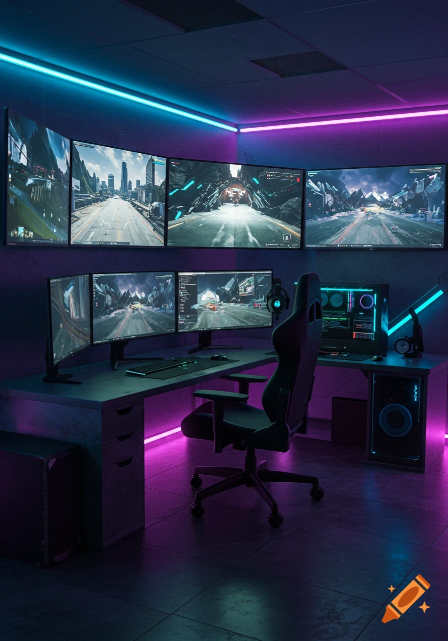 A modern gaming setup with six large monitors displaying game content, a gaming chair, and a desktop PC, illuminated by blue and pink neon lights.