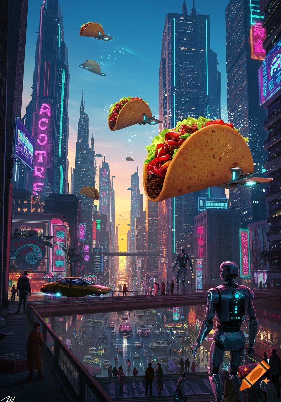 A vibrant, detailed illustration of a futuristic cityscape at sunset, with neon signs, flying cars, and large flying tacos. Robots and people are on street level.