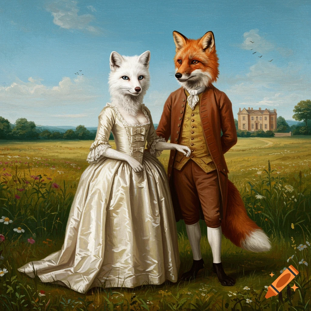 A painted portrait of an anthropomorphic white female fox and red male fox in 18th-century attire standing in a field with a manor house.