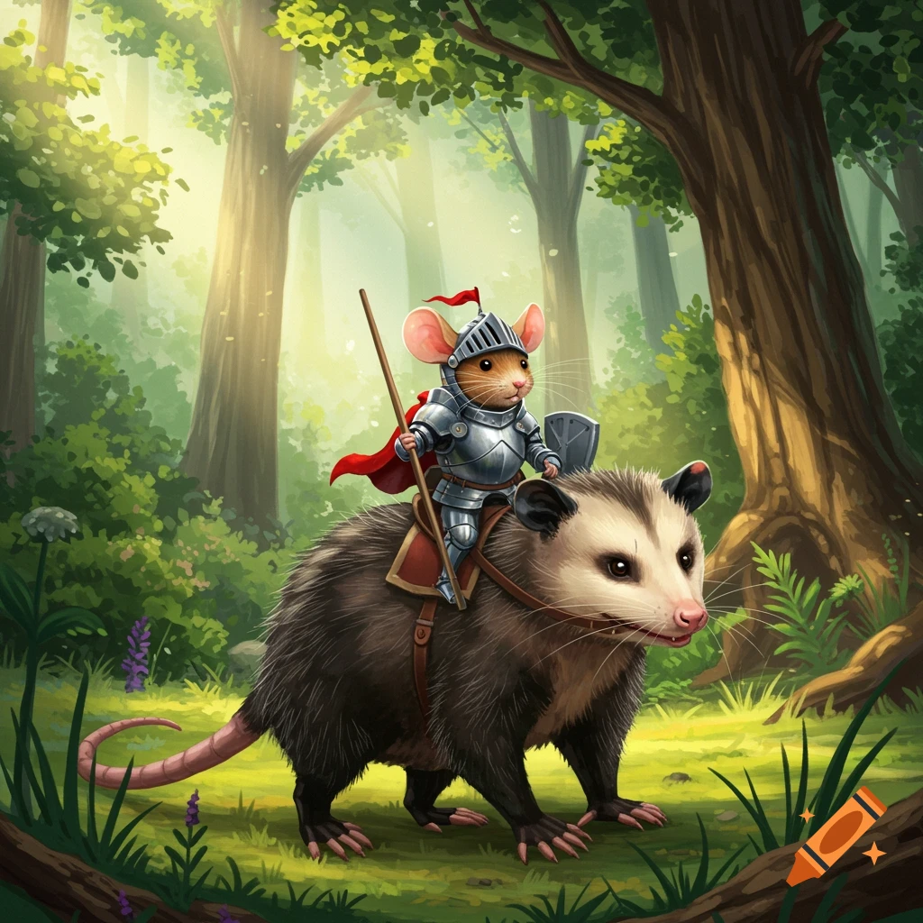 A charming illustration of a brave mouse in knight armor riding an opossum through a sun-dappled forest.