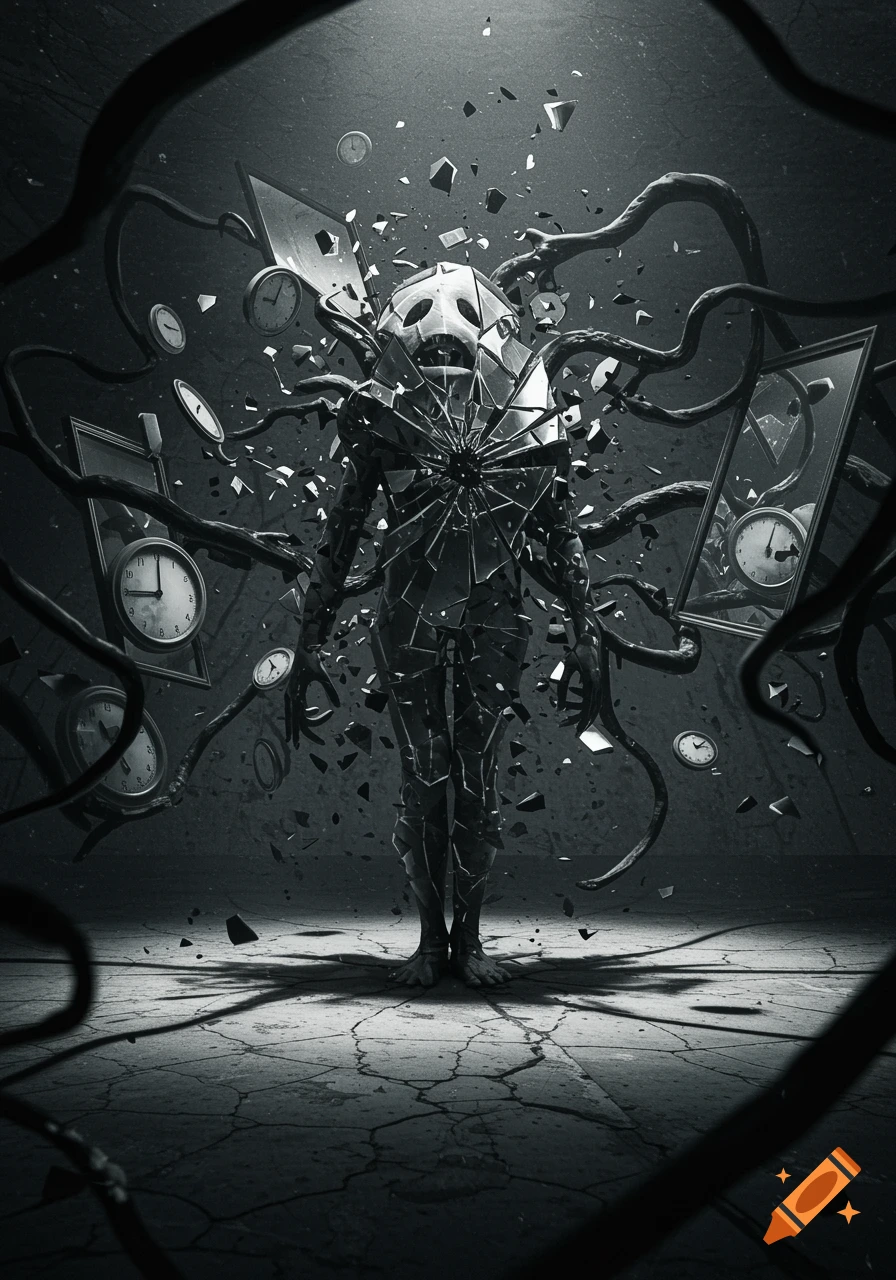 A monochrome surreal image of a human figure made of shattered glass, surrounded by broken clocks, mirrors, and dark tendrils.