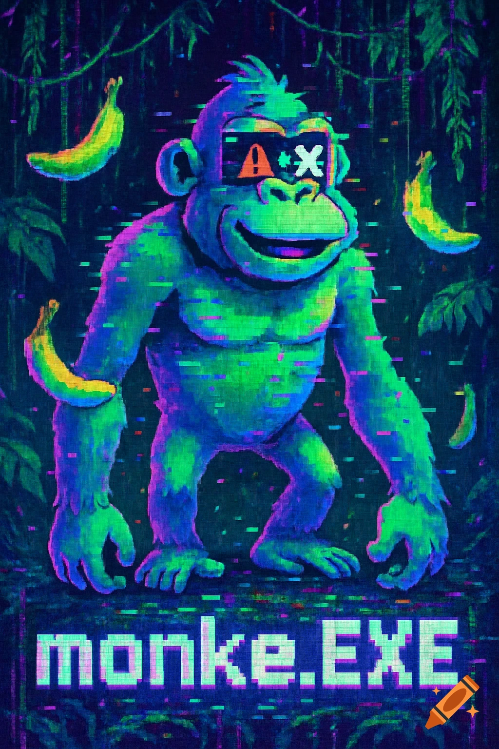 A neon green and purple cartoon gorilla with error symbols for eyes stands in a glitch-pixelated jungle with floating bananas and "monke.EXE" text.