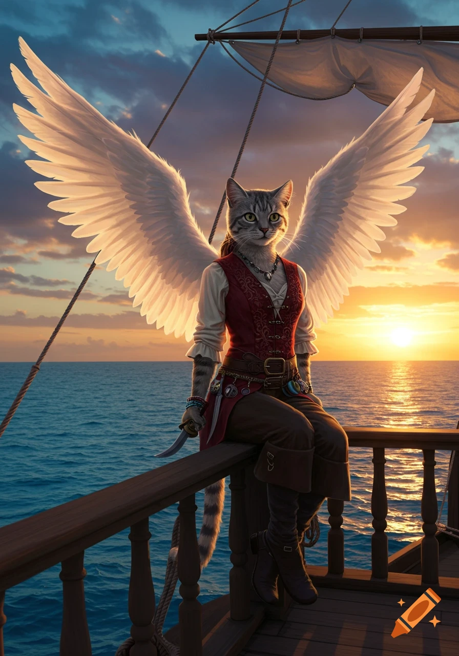 An anthropomorphic winged cat in pirate attire sits on a ship's railing at sunset over the ocean, looking at the viewer.