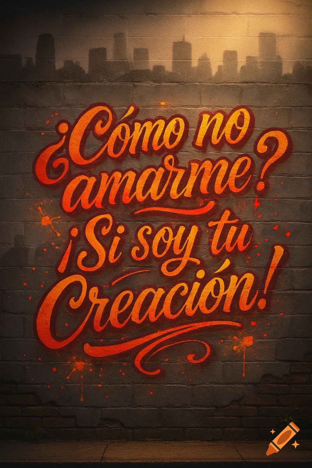 Orange and red graffiti text on a brick wall, " A brick wall features graffiti art with orange and red text that reads in Spanish, "