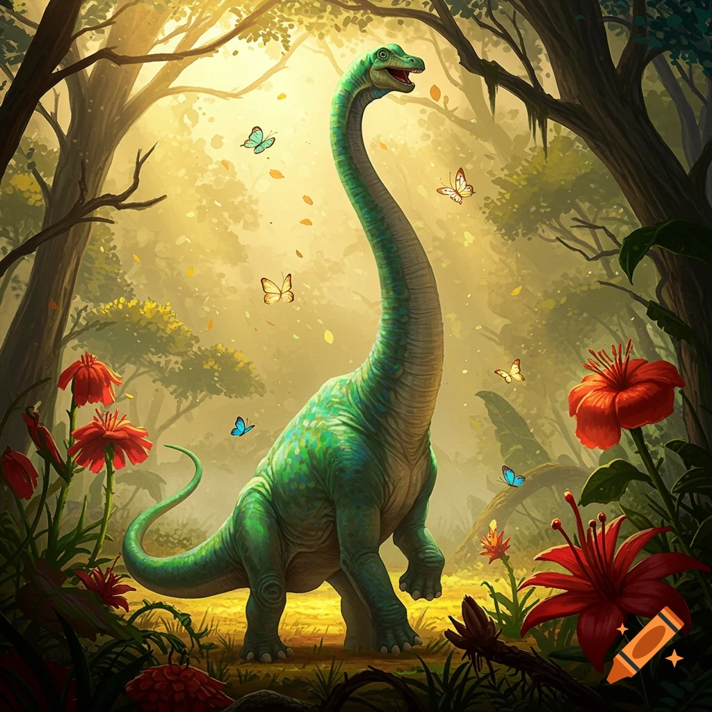 A green long-necked dinosaur stands in a sunlit jungle surrounded by red flowers and colorful butterflies.