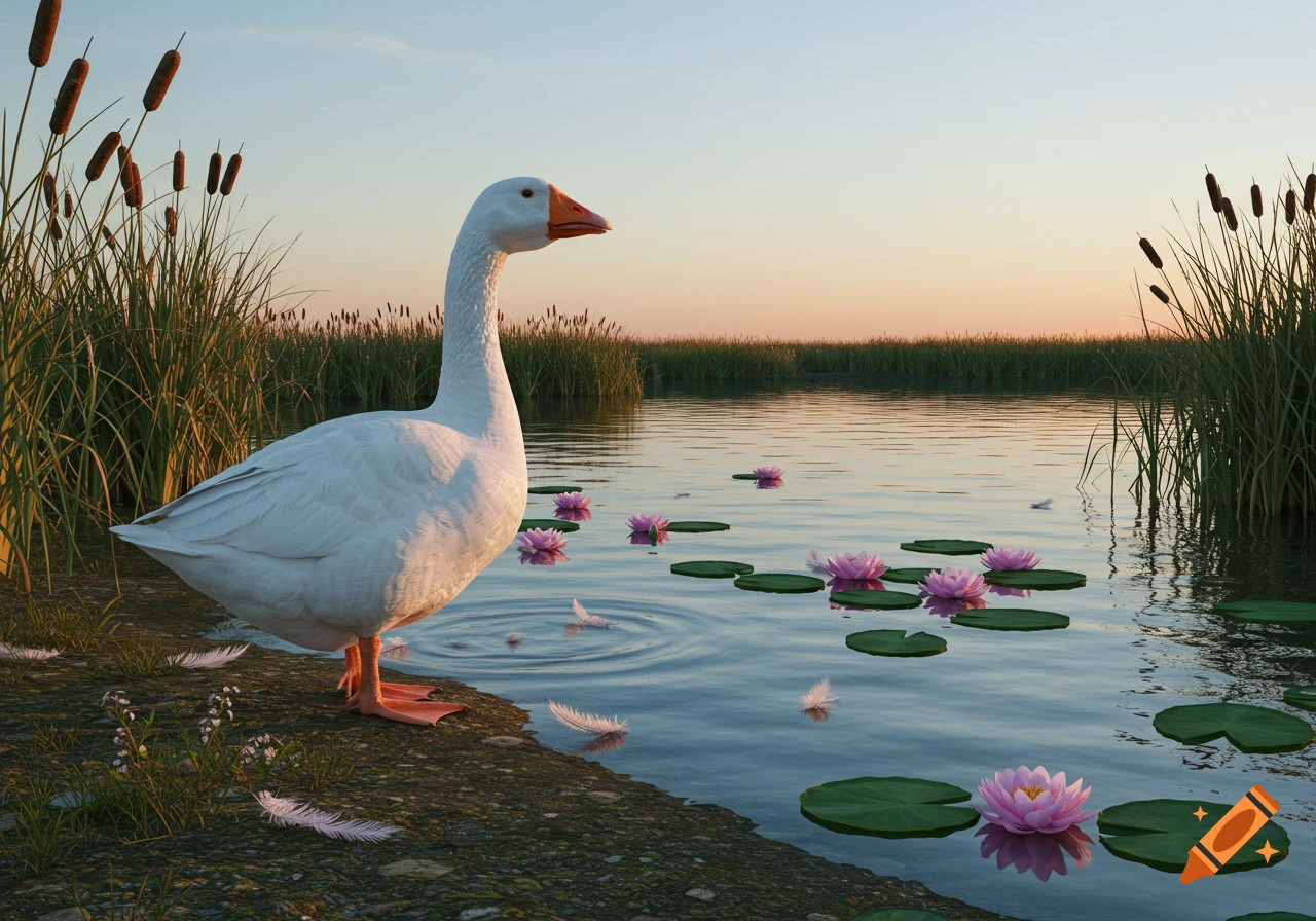 A white goose stands by a pond with pink water lilies and cattails under a sunset sky.
