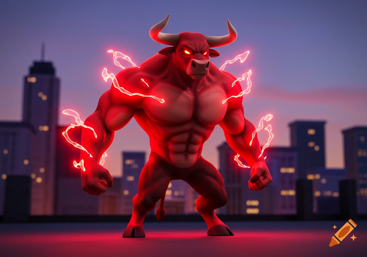 A muscular, red humanoid bull with glowing red eyes and red energy aura stands in a city at dusk, in a 3D animated style.