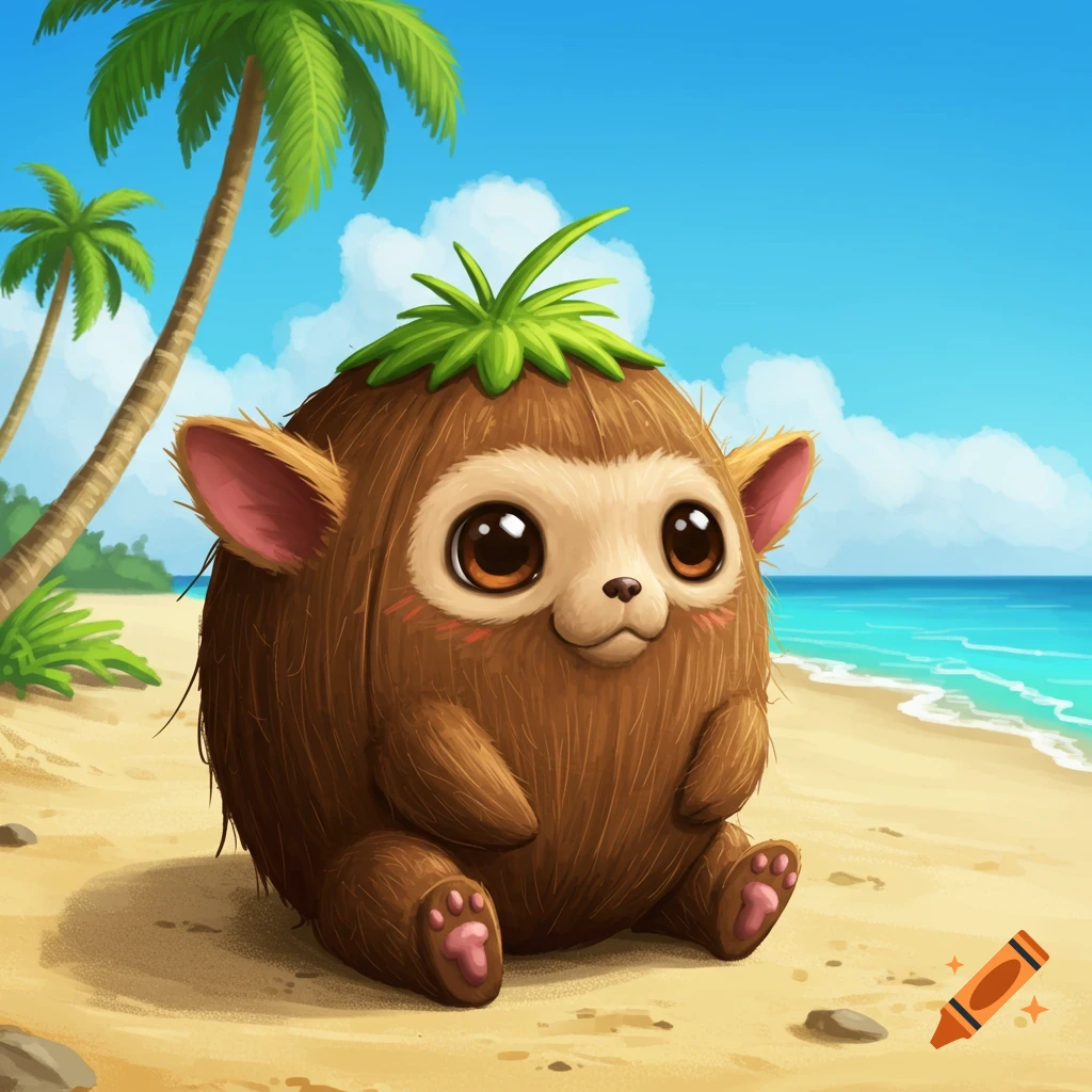 A cute, cartoon-style coconut creature with big eyes and pink ears sits on a sandy beach under palm trees by the blue ocean.