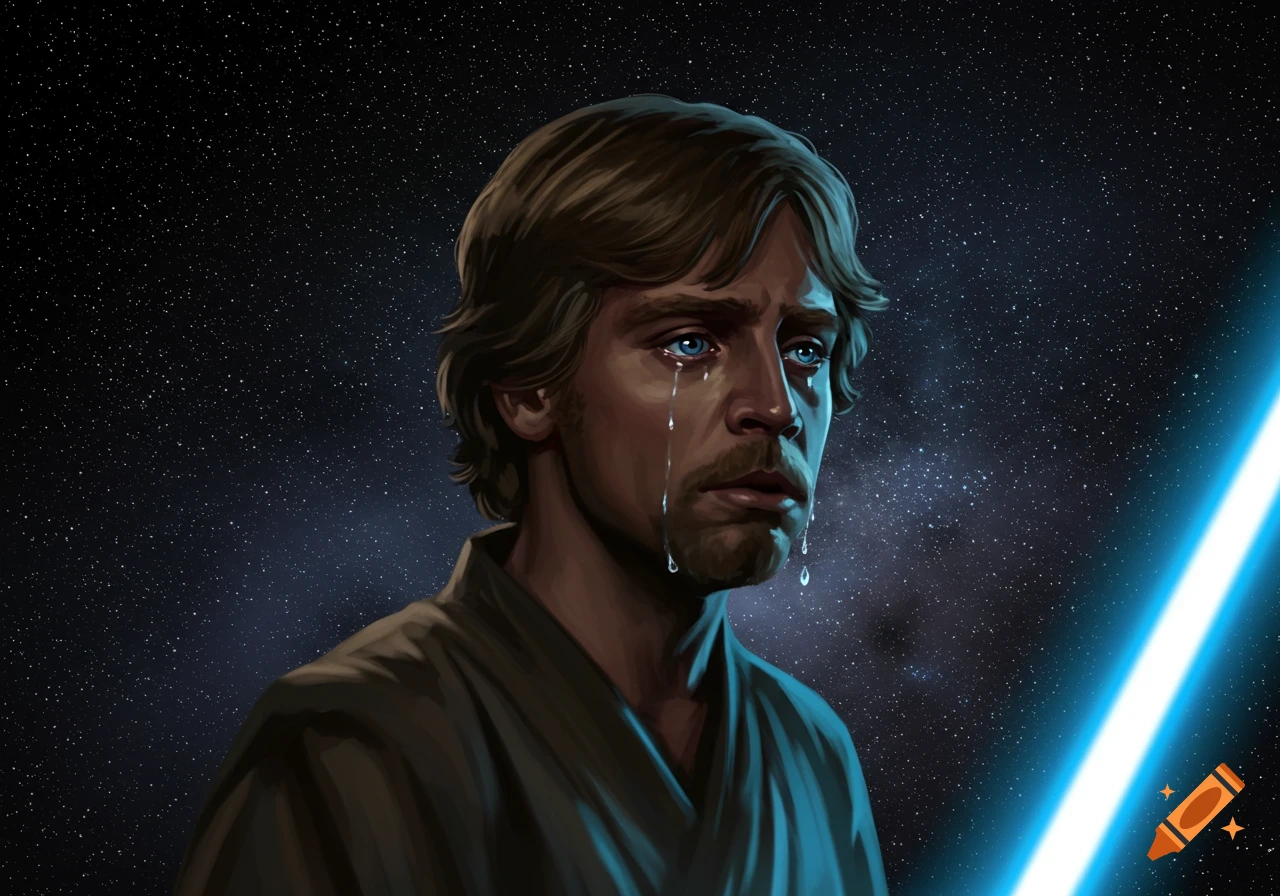 Digital art portrait of Luke Skywalker crying with tears, against a starry space background, with a glowing blue lightsaber.