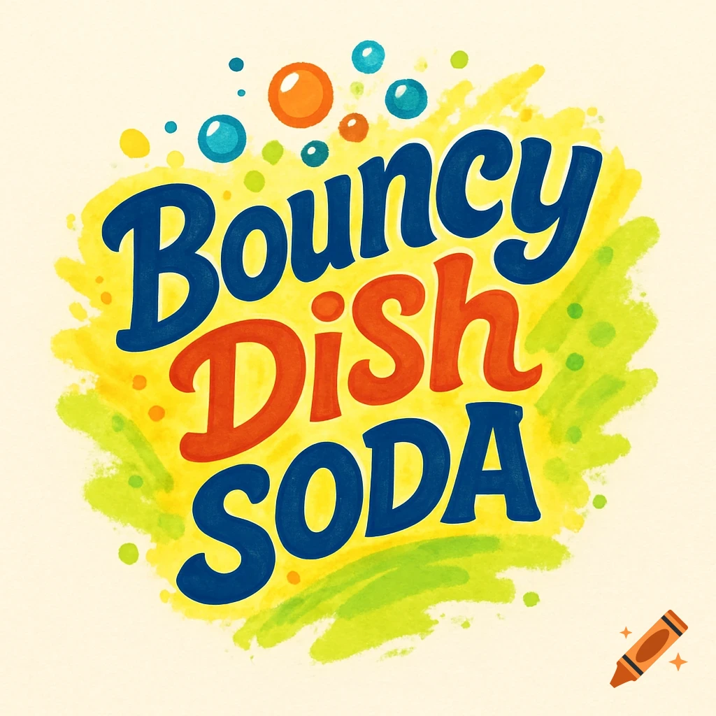 A colorful, bubbly logo for "Bouncy Dish SODA" with blue and orange text on a yellow and green watercolor-style background.