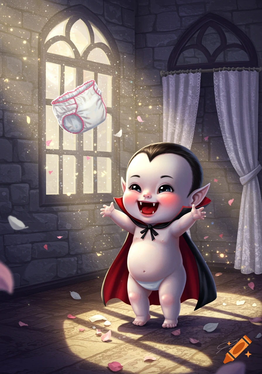 A cute, happy baby vampire wearing a cape reaches up towards a white nappy floating above its head in a sunlit stone room.
