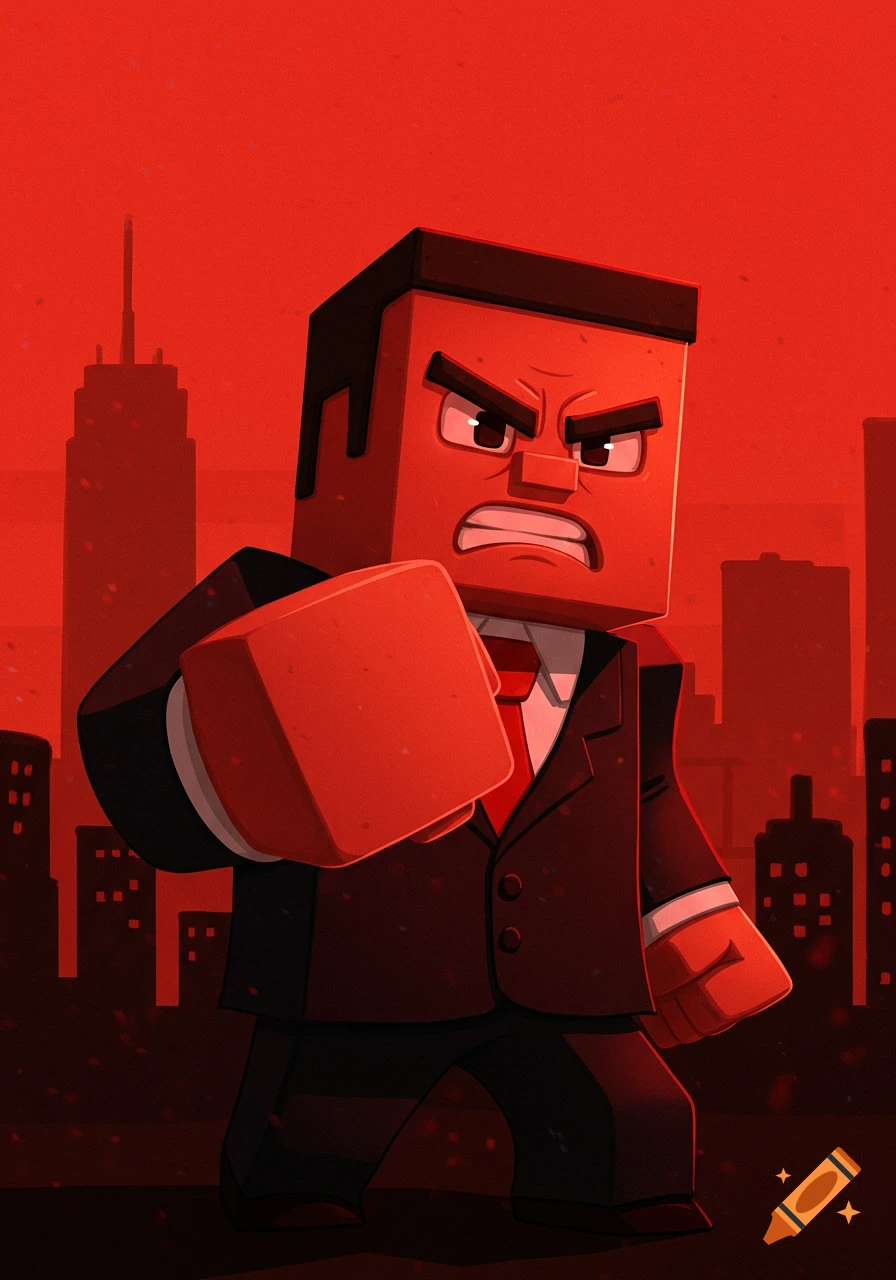 A stylized, blocky man in a suit with an angry expression reaches forward, set against a red cityscape.
