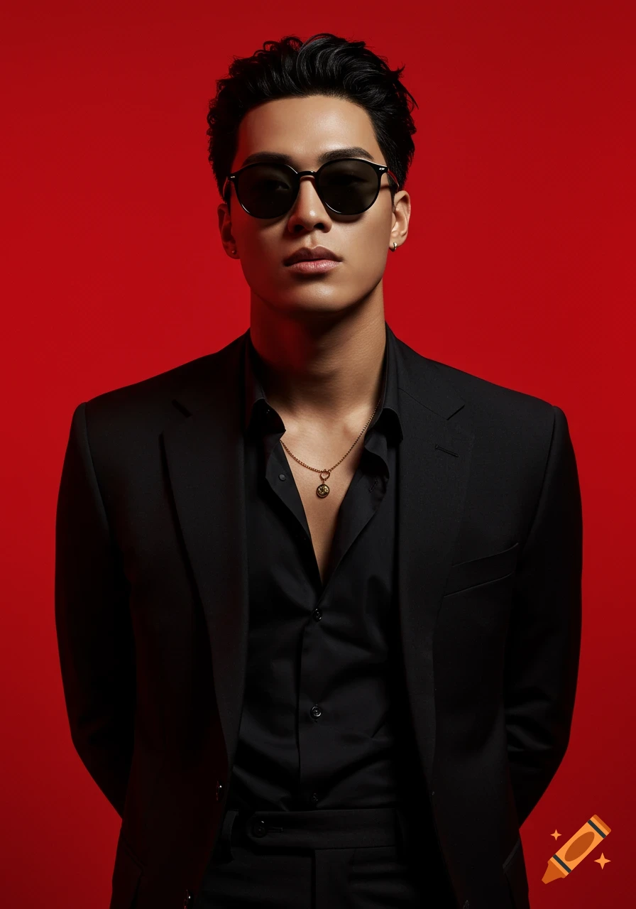 A man in a black suit and black sunglasses stands confidently against a bold red background.