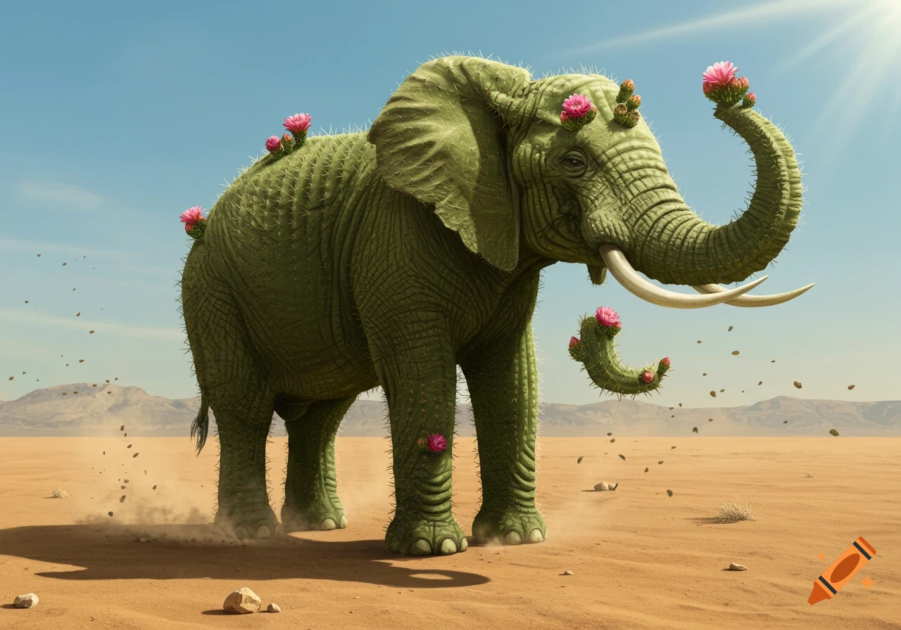 A photorealistic image of an elephant with green, prickly cactus skin and pink flowers, standing in a sunny desert landscape with mountains in the background.