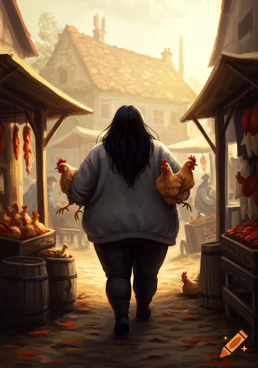 A chubby woman with long black hair walks away through a market, carrying two chickens while others are in crates.
