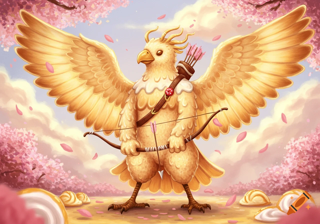 A cute Aarakocra-like bird creature made of angel food cake, holding a bow and arrow, standing under pink cherry blossom trees with petals falling.