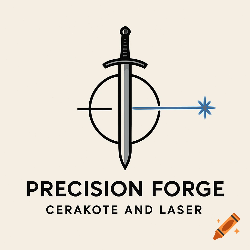 A 2D logo for Precision Forge Cerakote and Laser with a sword, crosshair, and blue laser beam. Text 'PRECISION FORGE CERAKOTE AND LASER'.