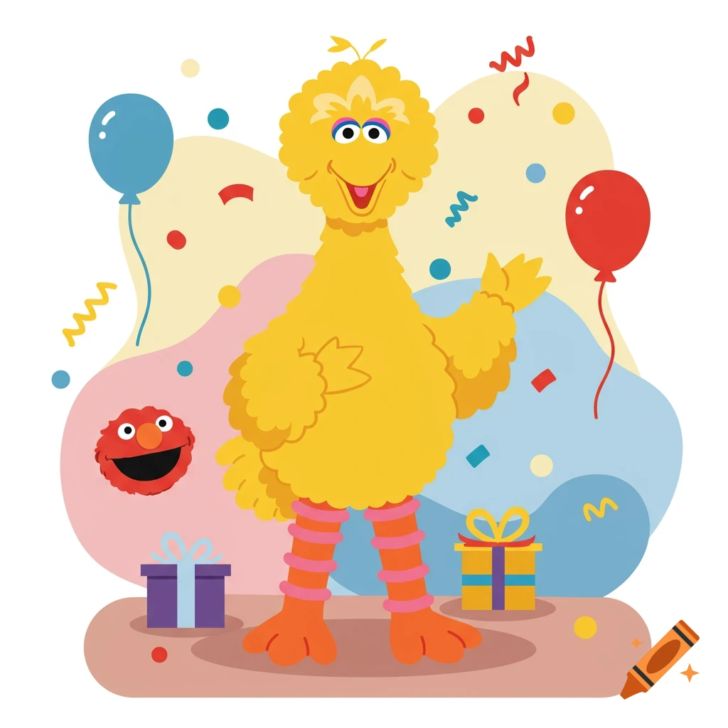Big Bird at a party with balloons, confetti, and gifts, with Elmo's head visible in the background.