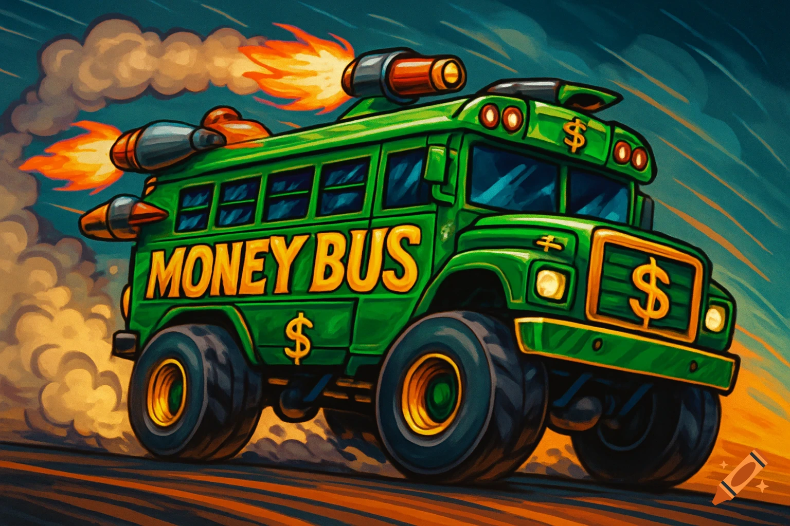 A cartoon-style armored green "Money Bus" with gold dollar signs, rocket boosters, and oversized wheels, speeding down a road with smoke and flames.