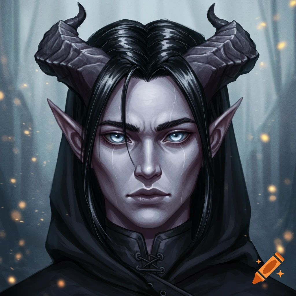 A fantasy male character with pale blue skin, silver-blue eyes, dark horns, and black hair, wearing a hooded cloak. Digital art portrait.