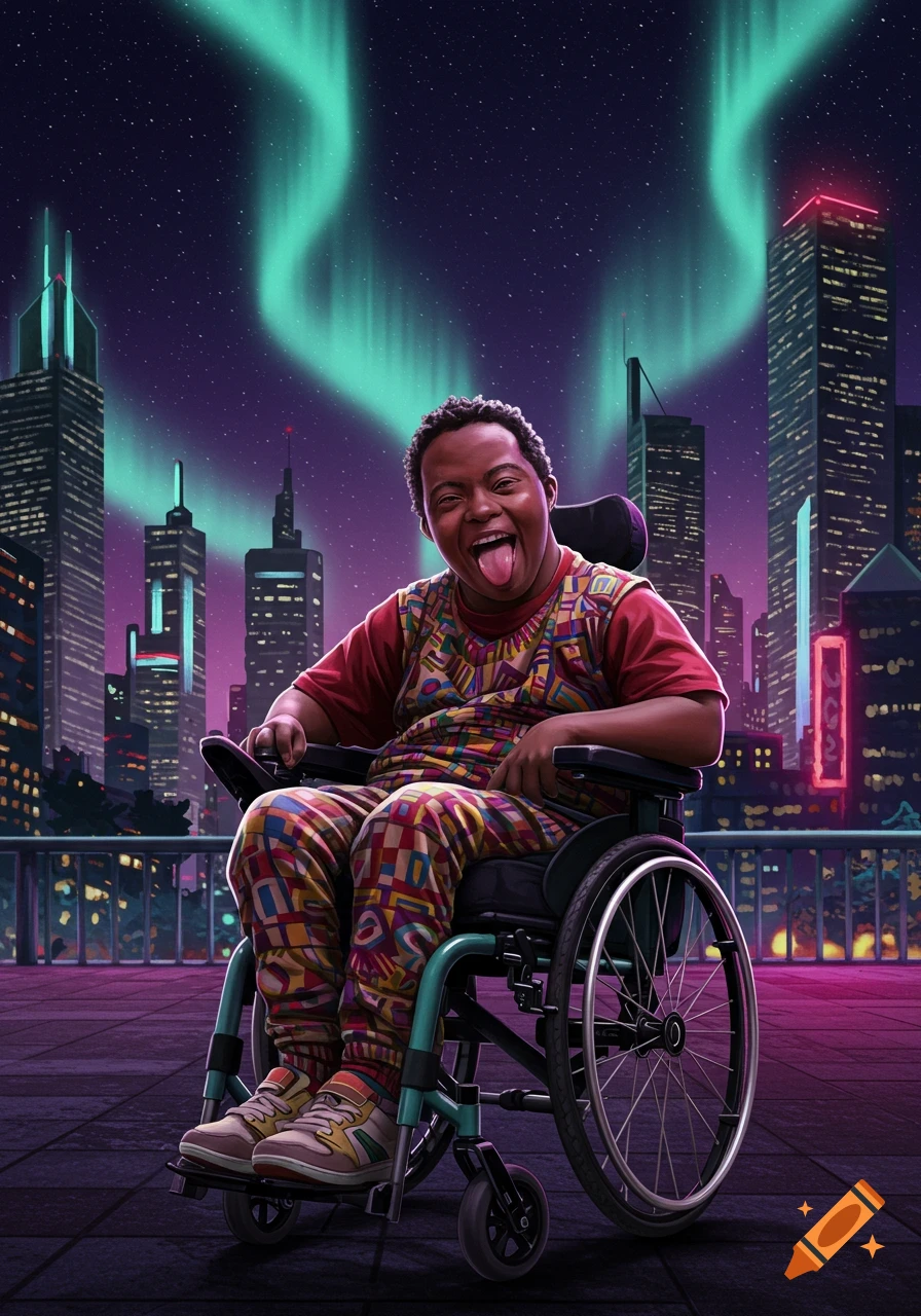 A person with Down syndrome in a wheelchair sticks out their tongue in front of a vibrant night city skyline with a green aurora borealis.
