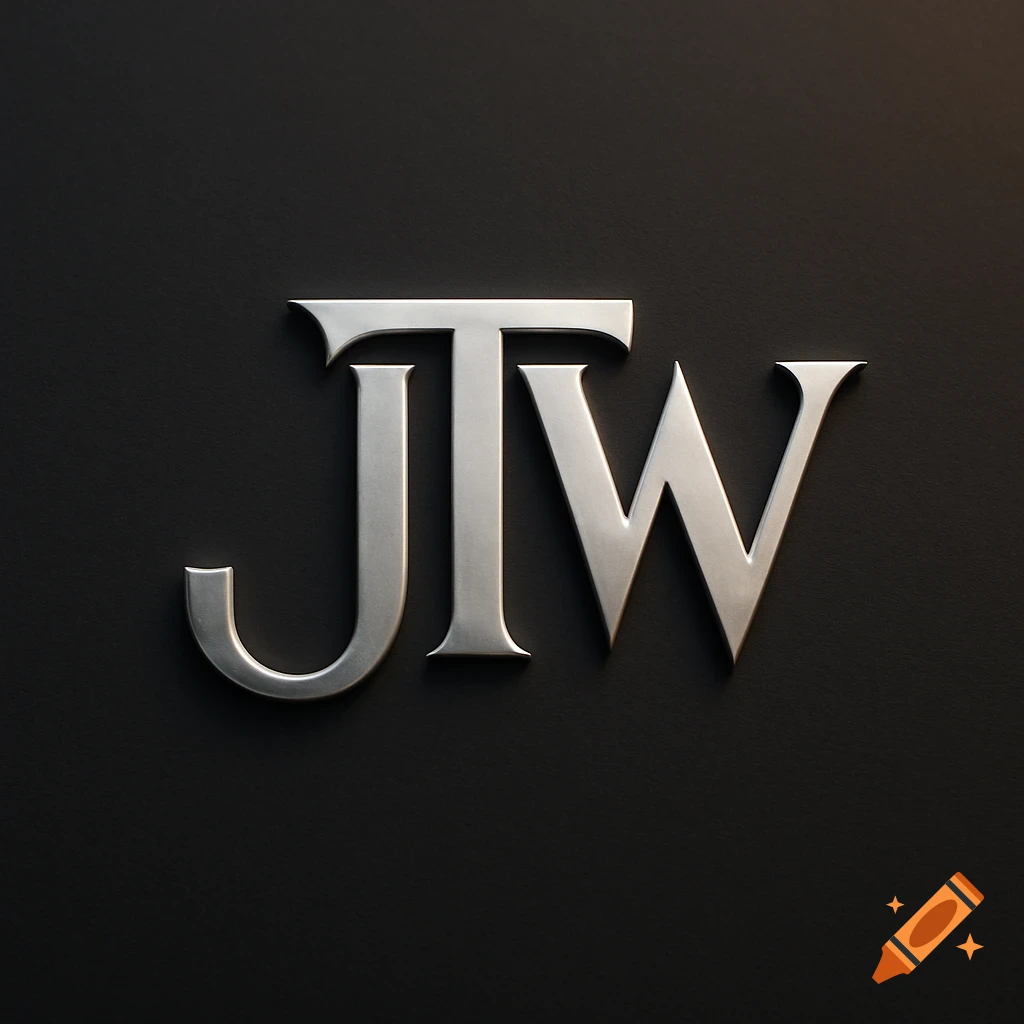 A silver metallic logo displaying the letters JTW on a dark, textured background.