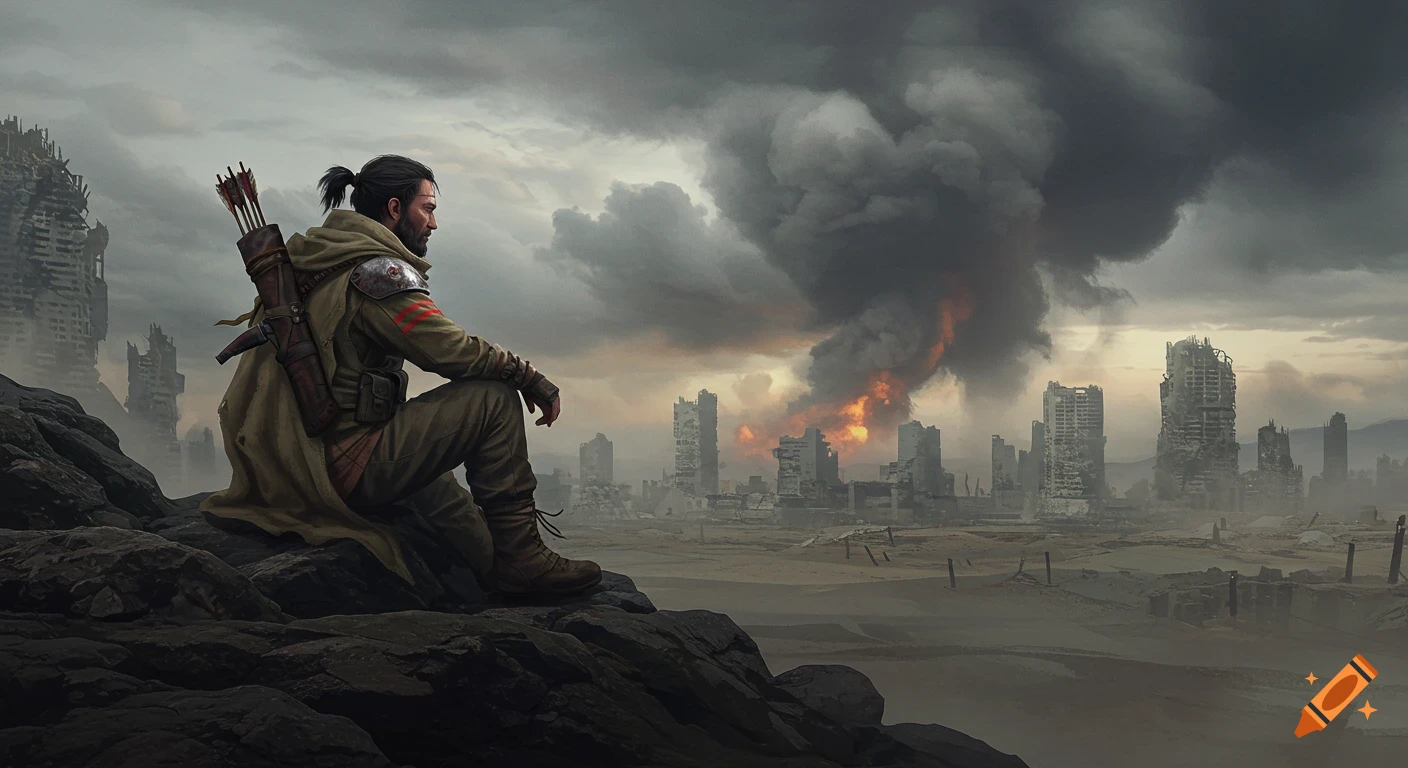 A lone survivor with a ponytail and arrows looks out over a ruined city engulfed in smoke and fire under a dark sky.