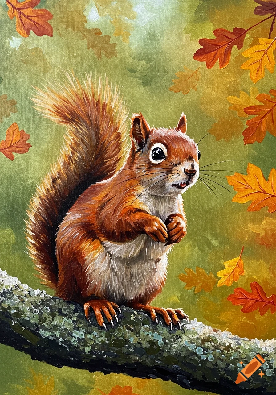An acrylic painting of a cute brown squirrel sitting on a mossy branch, surrounded by colorful autumn oak leaves.