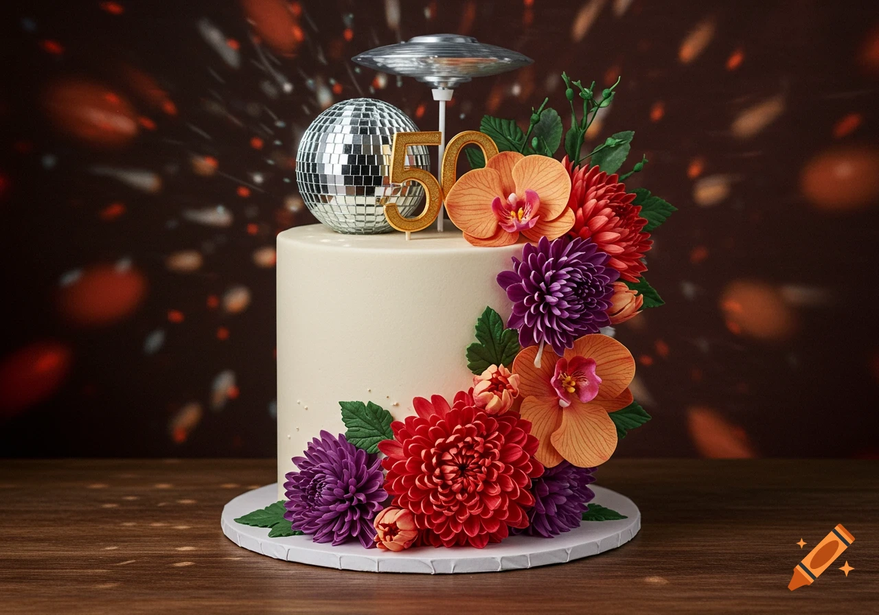 A white 50th birthday cake with gold '50' numbers, a disco ball, and orange, red, and purple flowers on a dark background.