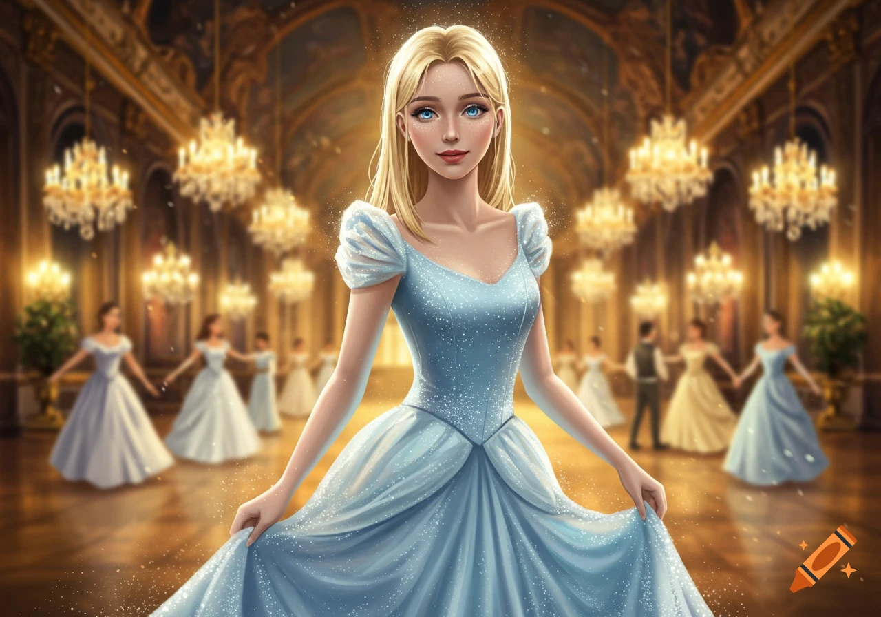 Blonde woman in a sparkling blue ball gown in a grand ballroom with chandeliers and blurred dancers. Digital art style.