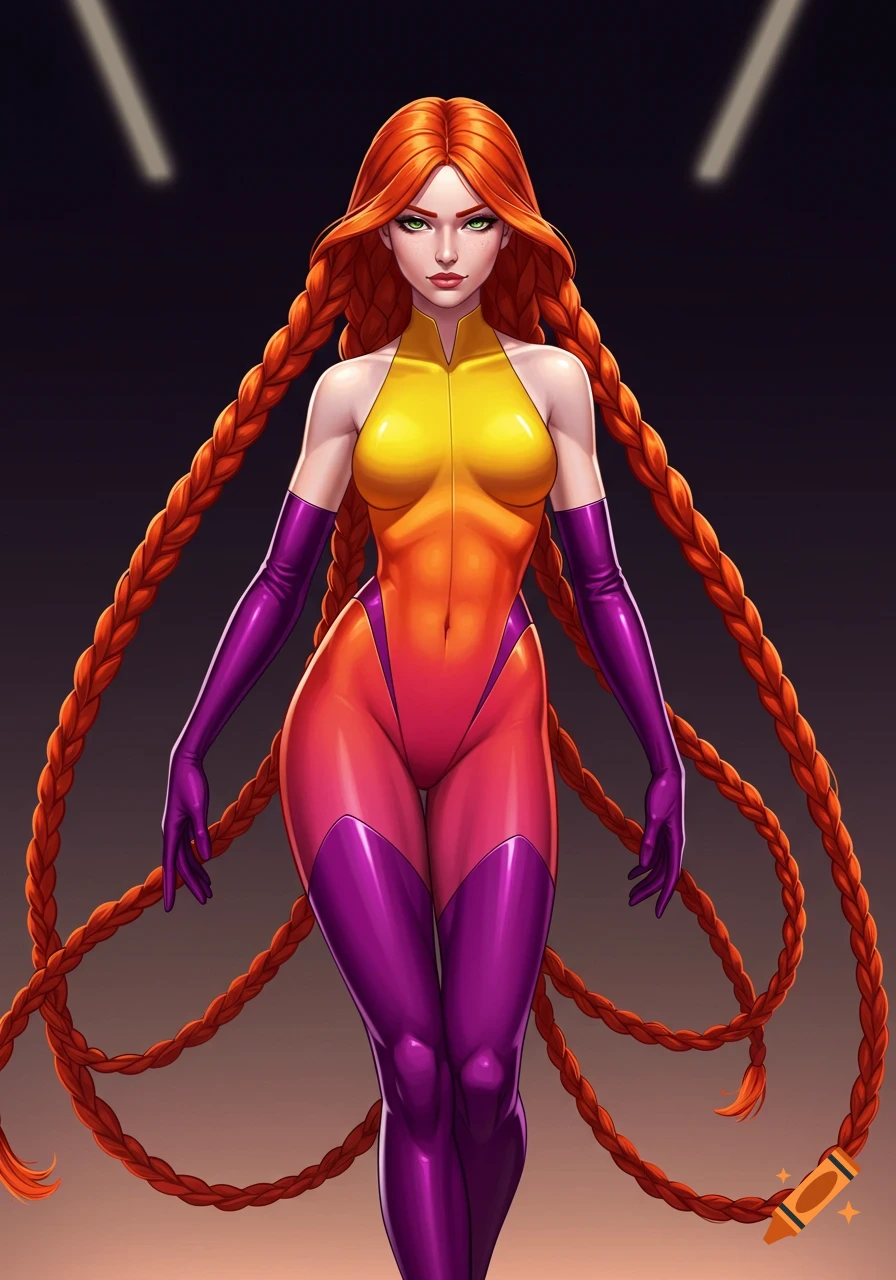 A redheaded woman with long braided hair and green eyes, wearing a shiny yellow, orange, and purple unitard with purple gloves and boots, in a comic book art style.