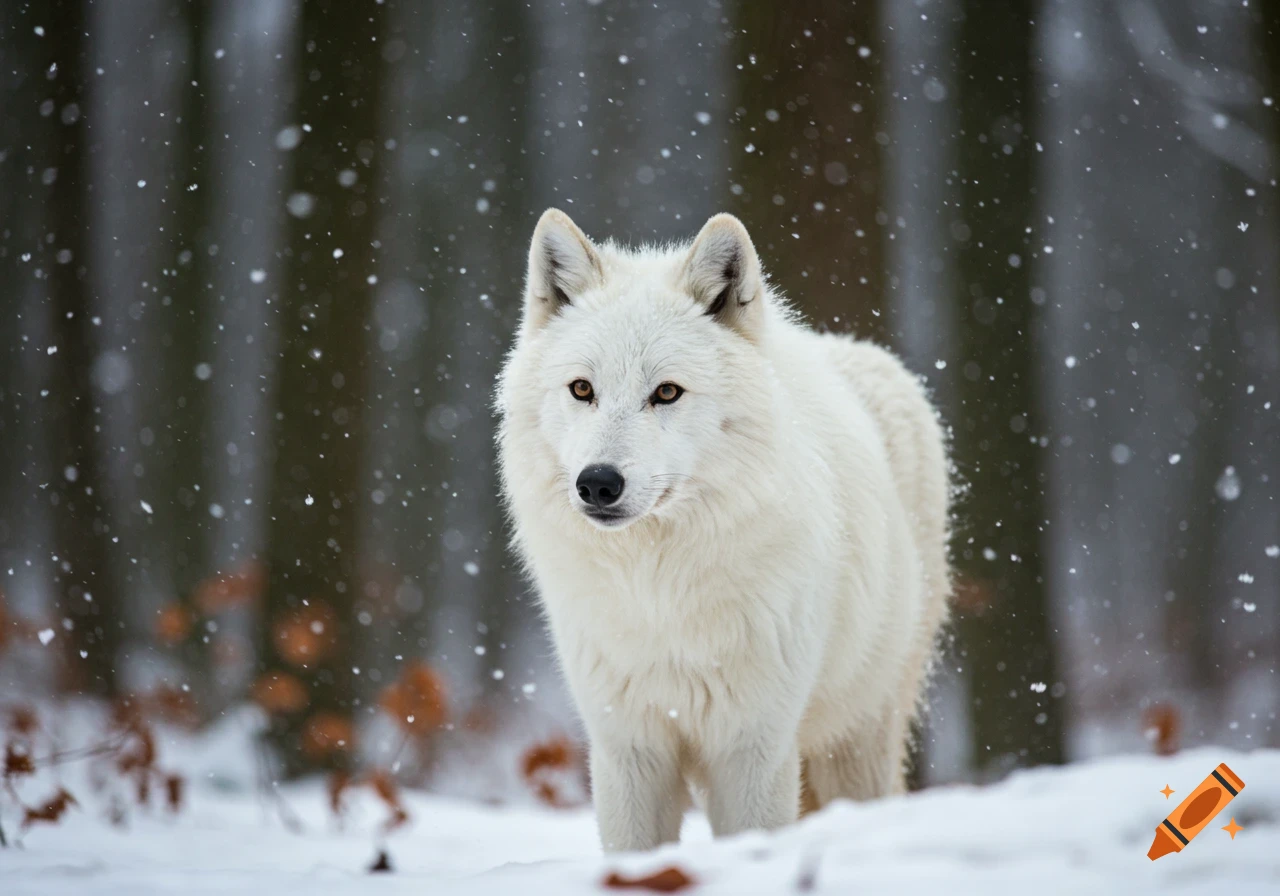 A white wolf stands in a snowy forest as snowflakes fall, looking directly forward in a photorealistic style.