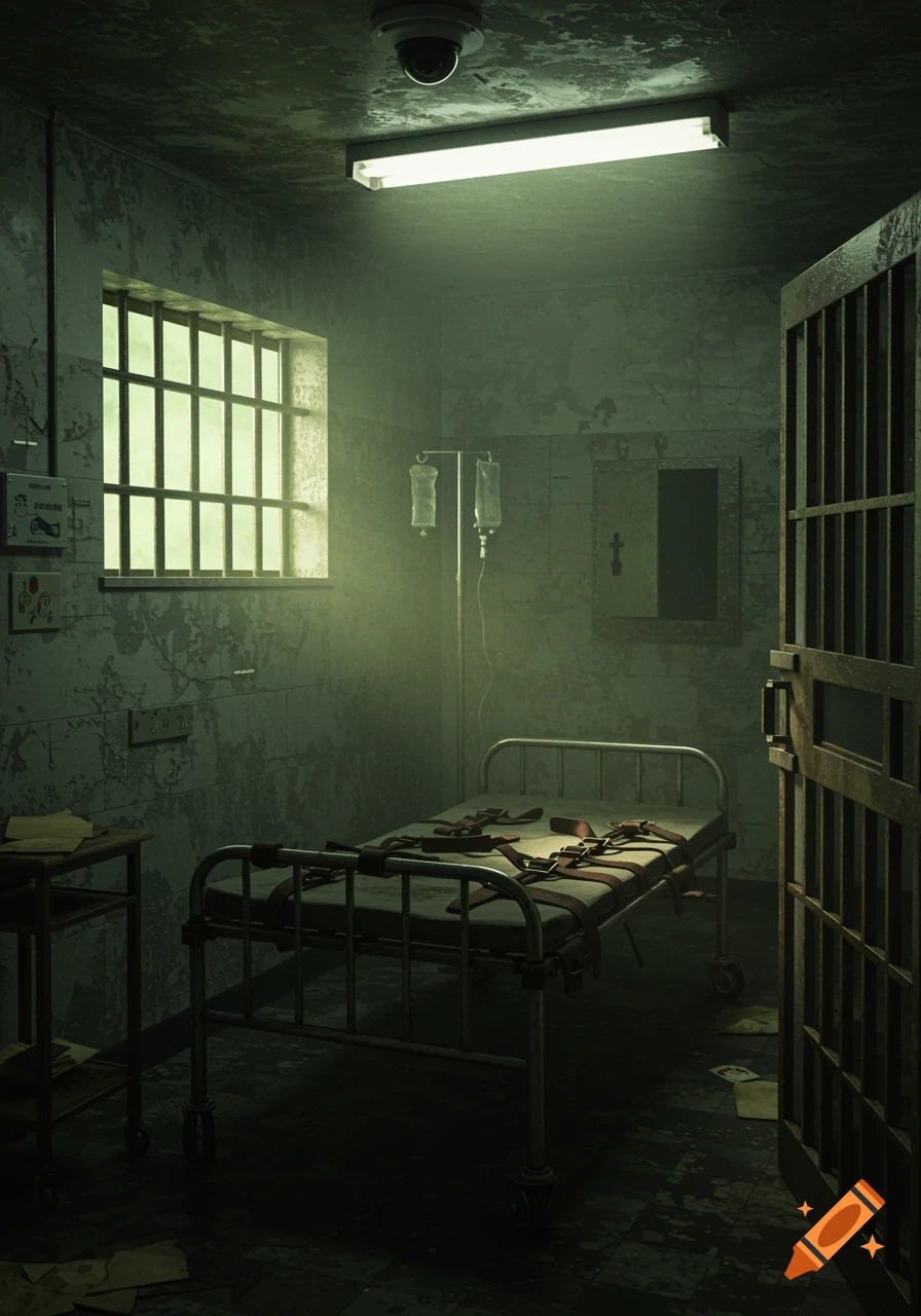 A photorealistic image of a dark, decrepit room in an asylum with a bed, leather restraints, a barred window, and an open barred door.