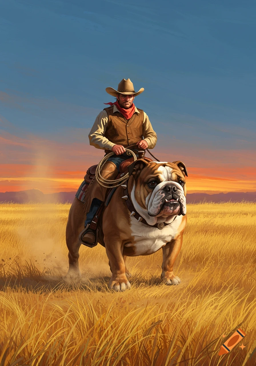 A cowboy rides a bulldog through a golden field under a vibrant sunset sky, in a detailed illustration.