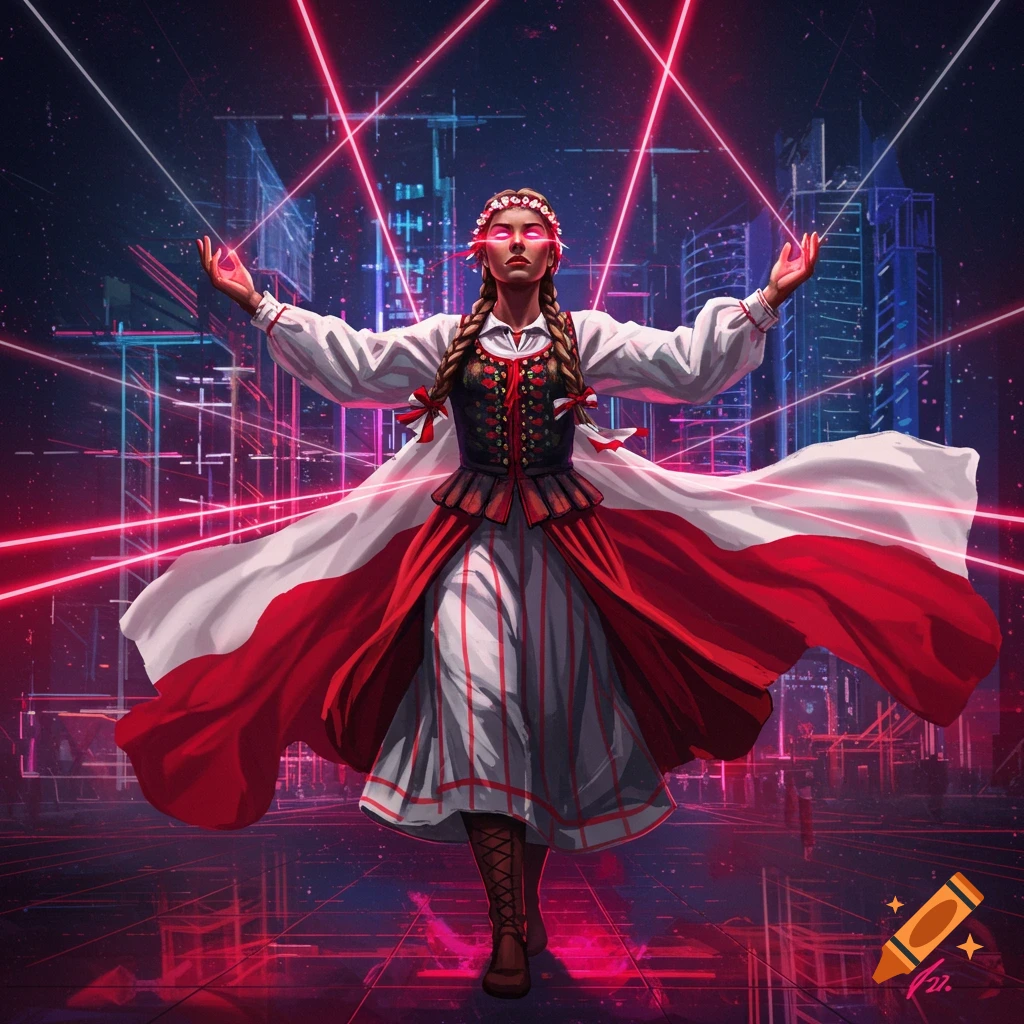 Polish woman in traditional attire with glowing eyes and lasers, standing in a futuristic cityscape.