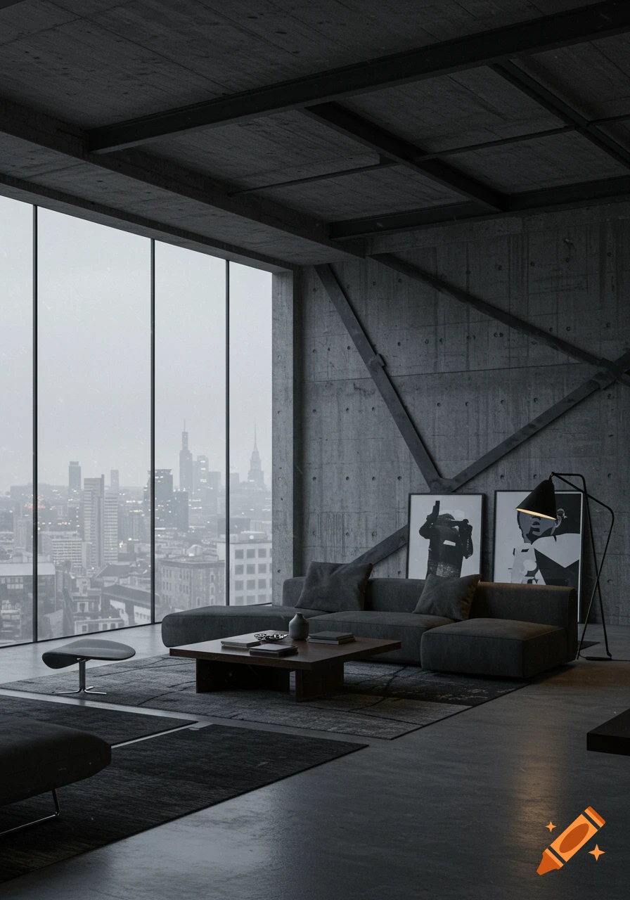 Dark, brutalist living room with concrete walls, minimalist furniture, and large windows overlooking a city skyline.