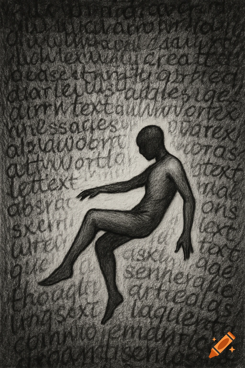 Black and white charcoal sketch of a person figure immersed in a background of words, depicting a conceptual scene.