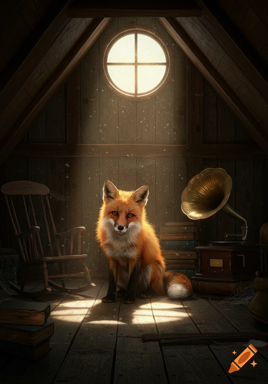 A fluffy red fox sits on a wooden attic floor, illuminated by a round window. A rocking chair and gramophone are nearby.
