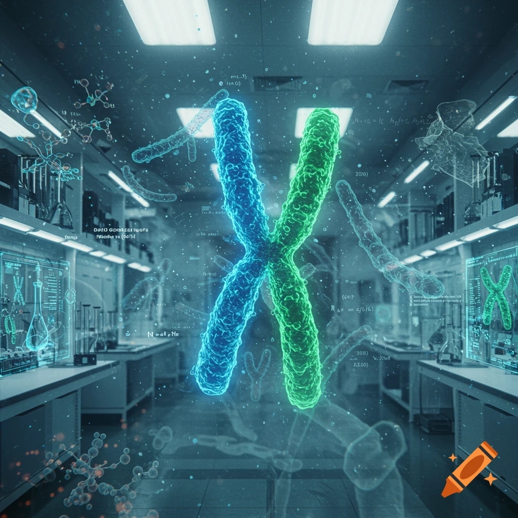 A glowing blue and green chromosome floats in a futuristic laboratory filled with holographic scientific data displays.