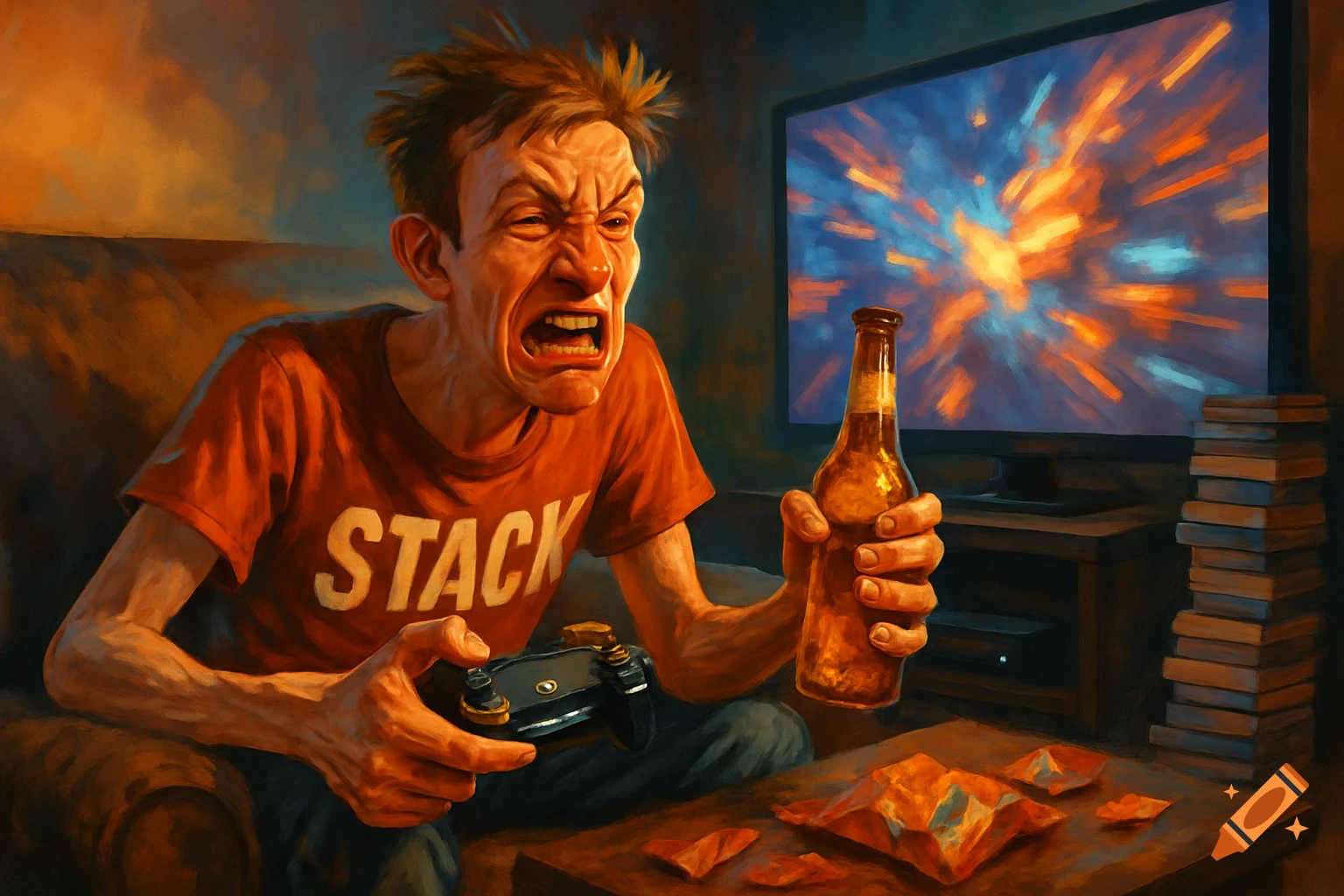 A caricature-style painting of an angry man playing video games, holding a controller and a beer bottle, with a vibrant, explosive screen in the background.