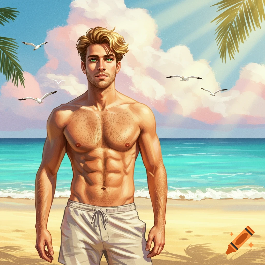 A muscular man with blonde hair and green eyes stands shirtless on a sandy beach with turquoise water, palm leaves, and seagulls under a blue sky.