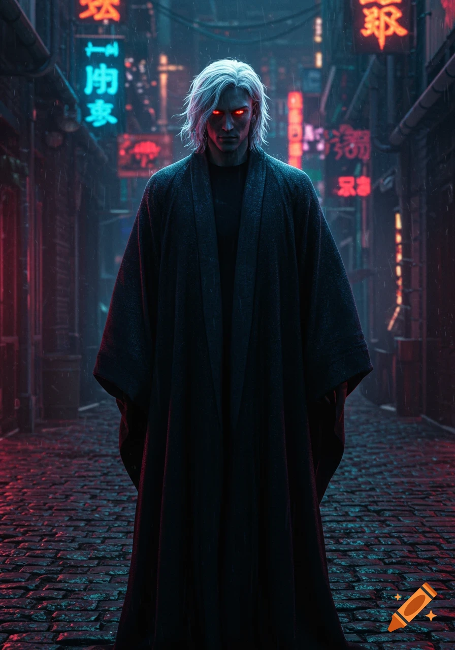 A man with white hair and glowing red eyes stands in a dark, rainy cyberpunk alley with neon signs. Photorealistic style.